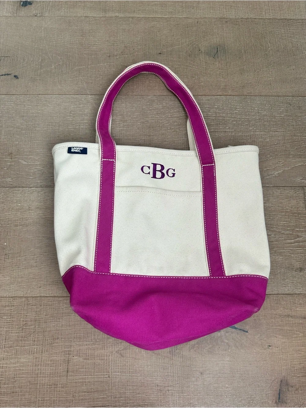 Lands' End White Canvas Tote with Fuchsia Trim and Handles